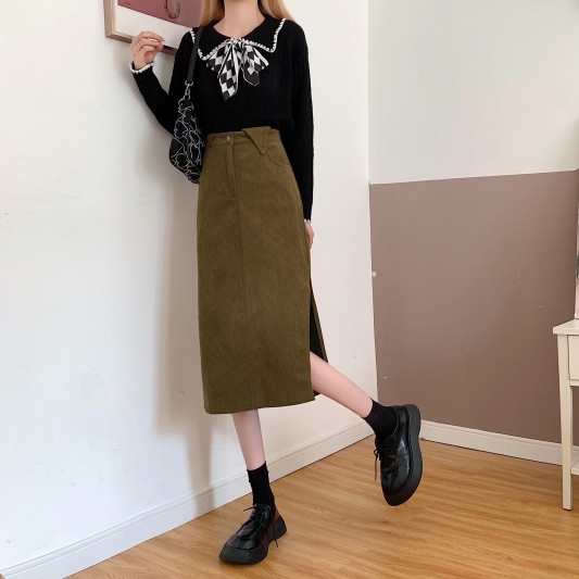 法式高腰褐色开衩半身裙